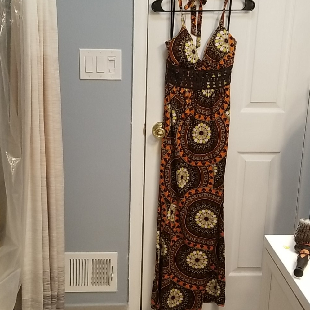 Floor length halter dress.